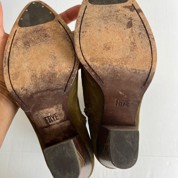 Frye Reed Sz 7M Olive Green Suede Side Zipper Tall Casual Dress Heeled Boots - Picture 11 of 12